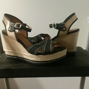 Clarks Black & Straw Platform Wedges